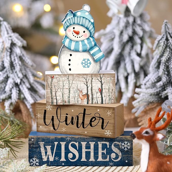4 Pcs Christmas Snowman Decor Snowman Tiered Tray Decor Wooden Rustic Winter Block Sign Christmas Farmhouse Tabletop Centerpiece for Home Tabletop Kitchen Shelf Party Gift