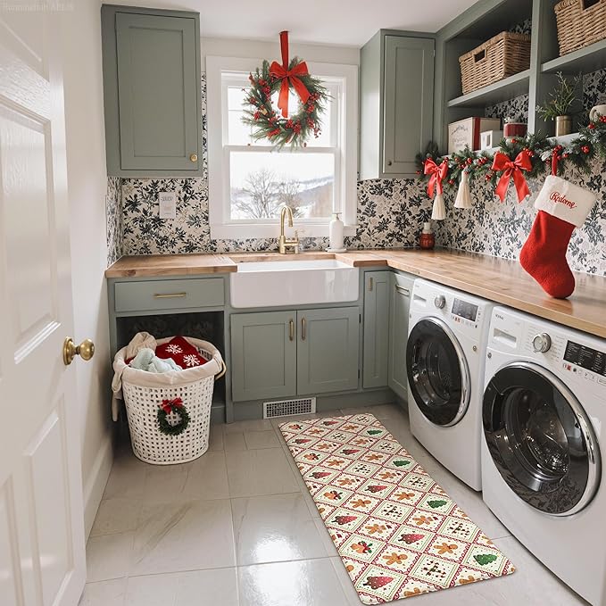 GENIMO Christmas Decorations - Kitchen Mats for Floor, 2PCS Christmas Kitchen Rugs, Cushioned Anti Fatigue Mat for Home Decor, Waterproof Non Slip Standing Mat for Laundry, 17.3"x47"+17.3"x30", Red