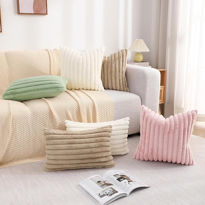 decorUhome Faux Fur Throw Pillow Covers 12x20 Set of 2, Decorative Soft Plush Striped Lumbar Neutral Couch Euro Pillow Covers with Velvet Back for Sofa, Bed, Living Room Home Decor, Hot Pink