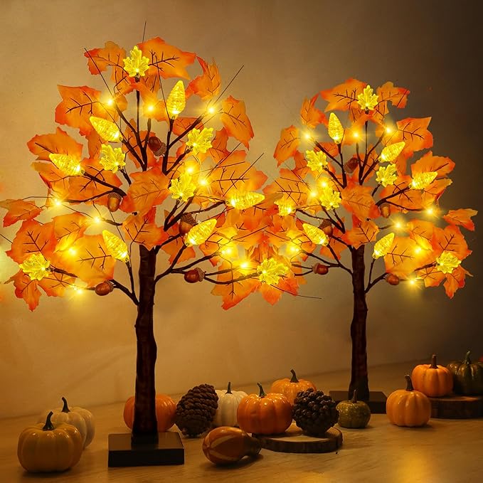 2 Pack 24 Inch Prelit Fall Maple Tree with 48 LED Lights Timer Battery Operated Light Up Acorn Maple Tree for Fall Autumn Thanksgiving Artificial Home Indoor Halloween Decor