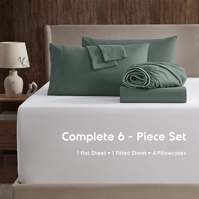 Nestl Extra Deep Cal King Sheet Set - 6 Piece Breathable & Cooling Sheets - Hotel Luxury Bedding Set w/18-24 Inch Deep Pockets - Easy & Secure Fit - Super Soft, Wrinkle Free & Comfy - Forest Green