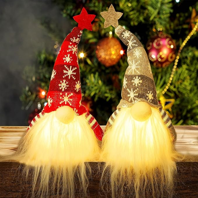 Juegoal 11" Lighted Christmas Gnome Santa, Light Up Elf Holiday Present, Battery Operated Winter Tabletop Christmas Decorations, 2 Set