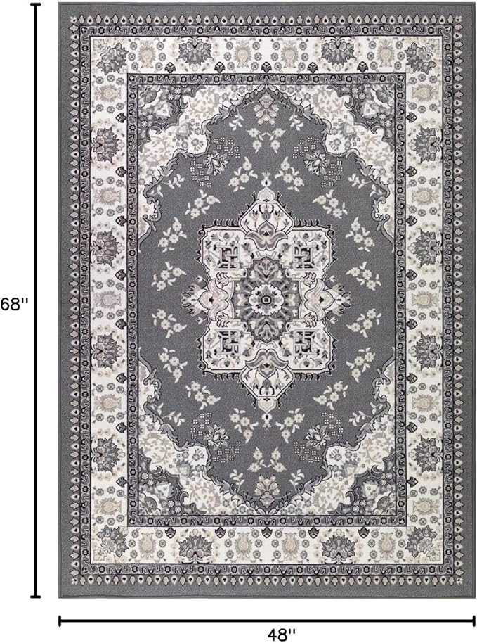 Antep Rugs Alfombras Oriental Traditional 4x6 Non-Skid (Non-Slip) Low Profile Pile Rubber Backing Indoor Area Rugs (Gray, 4' x 5'8")