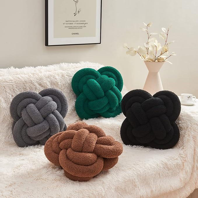 Xiashrk Knot Pillow Ball, 12" Soft Decorative Throw Pillows for Couch Bed, Dark Brown Knotted Plush Throw Pillow Handmade Square Cushion Home Couch Decor Pillows for Living Room