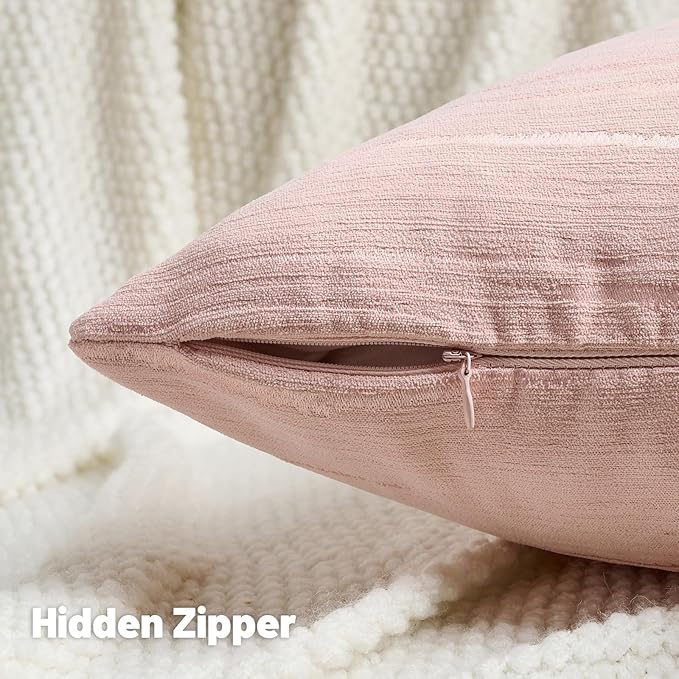 FUTEI Pink Chenille Decorative Throw Pillow Covers 12x20 Inch Set of 2,Soft Embossed Striped Textured Lumbar Pillow Cases,Modern Home Decor for Couch Bed Living Room
