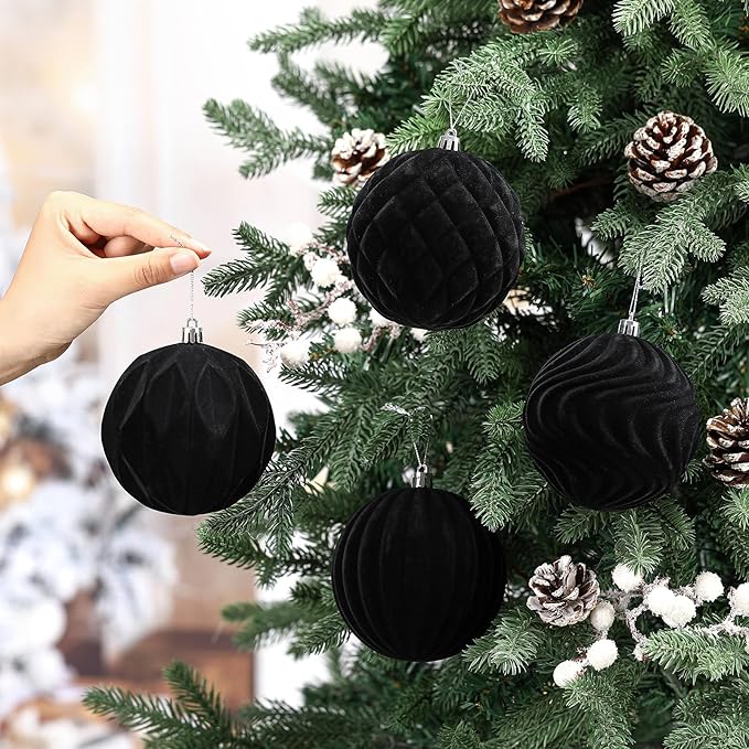 4 Pcs 4 Inch Large Velvet Christmas Ball Ornaments Vintage Christmas Plastic Ball Ornaments Flocked Tree Hanging Decoration for Xmas Party Wedding Home Decor(Black)