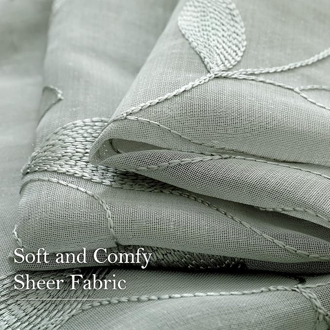HOMEIDEAS Sage Green Sheer Kitchen Curtains 52 x 45 Inch Length 2 Panels Embroidered Leaf Pattern Short Curtains for Bedroom Half Small Window Rod Pocket Tiers
