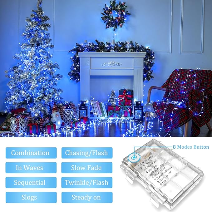 JMEXSUSS 2 Pack Blue and White Battery String Lights, Each 33ft 100 LED Battery Powered Christmas Lights with Remote for Outside Party Birthday