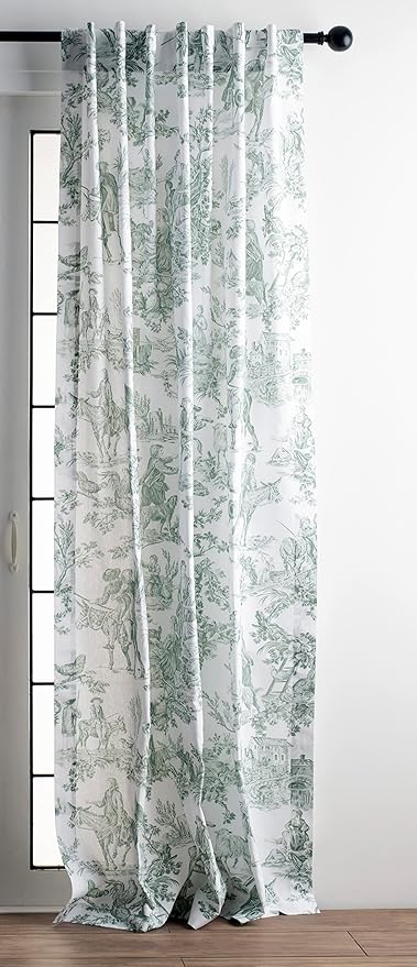 Maison d' Hermine Curtains for living room 100% Cotton 124 inch length Two Panels Light Filtering Toile Curtains with rod and loop Pockets (The Miller Antique Green (White Background), 50"W x 124"L)