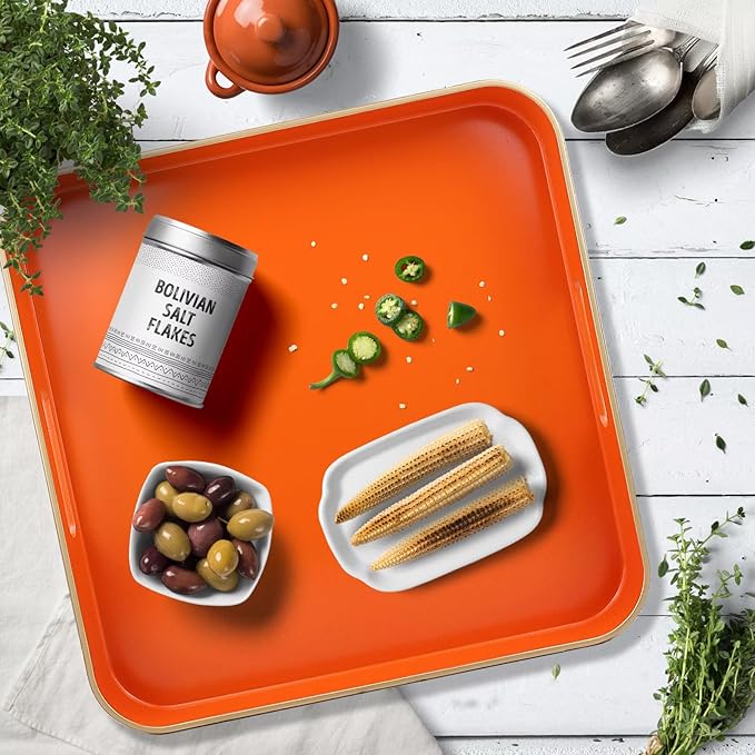 Orange Square Decorative Tray with Handles, 13"*13" Versatile Serving Tray for Coffee Table, Ottoman, Ideal for Serving, Displaying, Organizing