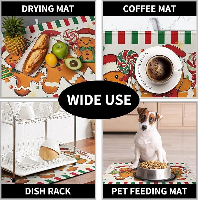 Christmas Dish Drying Mat Gingerbread Man Candy Cane Xmas Tree Drying Mats for Kitchen Counter Winter Holiday Dish Drainer Pad Absorbent Microfiber Dish Draining Mat 16x18 Inch