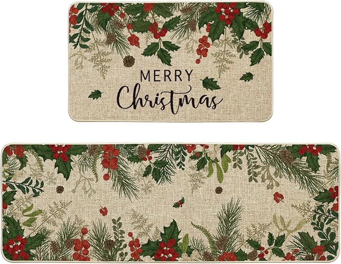 Artoid Mode Leaves Holly Merry Christmas Kitchen Mats Set of 2, Winter Home Decor Low-Profile Kitchen Rugs for Floor - 17x29 and 17x47 Inch