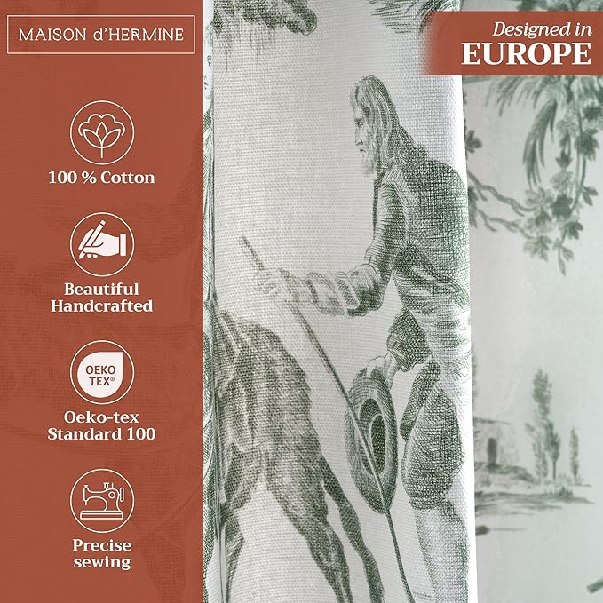 Maison d' Hermine Curtains for living room 100% Cotton 124 inch length Two Panels Light Filtering Toile Curtains with rod and loop Pockets (The Miller Antique Green (White Background), 50"W x 124"L)