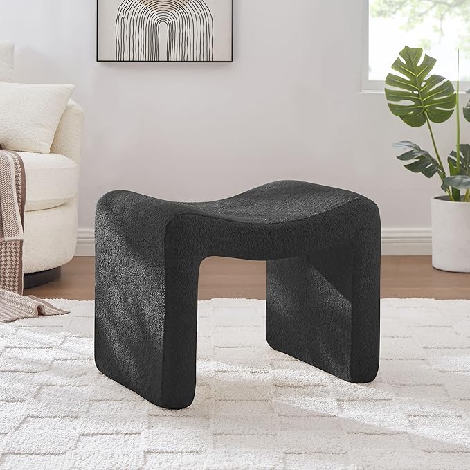 Modern Boucle Ottoman, Vanity Stool Chair, Foot Stool with Wooden Legs Sofa Bench Footstool Extra Seat for Vanity, Makeup Room, Living Room, Entryway, Set 2, Grey