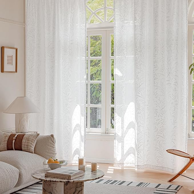 Anmao White Semi Sheer Light Filtering Extra Long Curtains 2 Panels, Leaf Pattern Drapes for Living Room Bedroom, Rod Pocket Privacy Window Treatments with Floral Design, 52x108 Inch