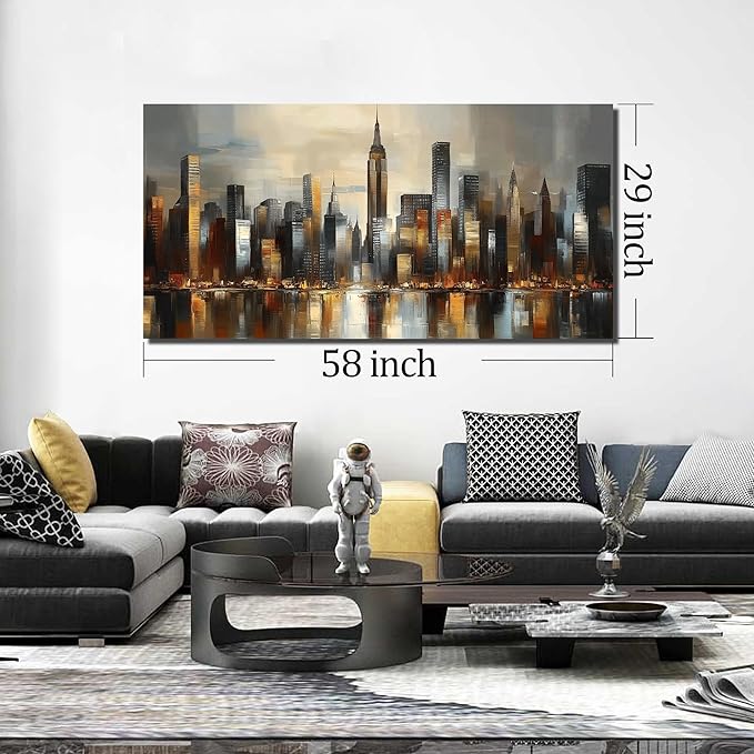 GUGIKA City Wall Art for Living Room, Gold and Grey Wall-Decor for Bedroom, Modern Cityscape Poster Canvas Print, Size 59 x 29 Inches