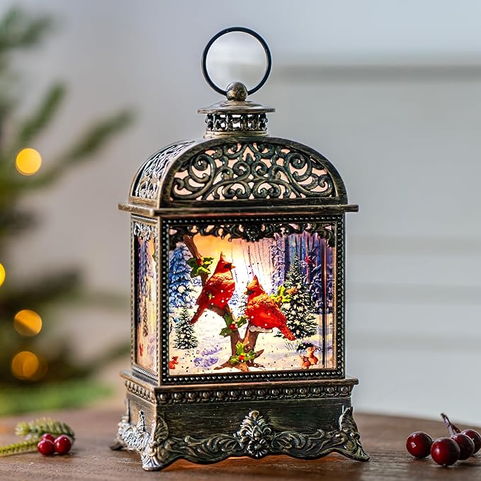 10.2" Christmas Snow Globe Water Lantern with Cardinal Scene Battery Operated or USB Powered Musical Lighted Holiday Decoration for Tabletop Display for Family and Friends