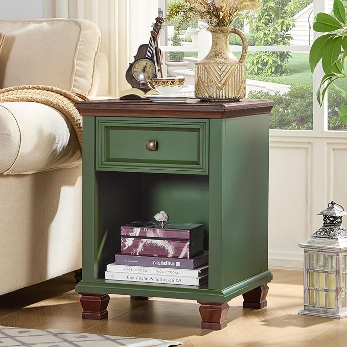Farmhouse End Tables Living Room Set of 2, Rustic Wood Nightstand with 1 Drawer, Bedside Table with Open Shelf for Bed Room, Side Table for Living Room, Green