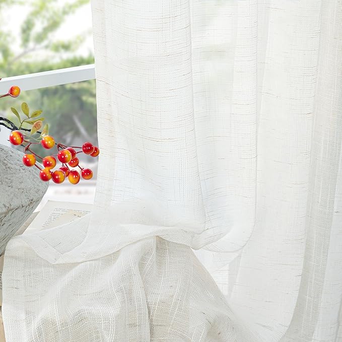 YoungsTex Linen Semi Sheer Curtains 84 Inch Length 2 Panels for Living Room, Ivory White Window Treatments Netural Texutred Light Filtering Drapes with Rod Pocket Back Tab for Bedroom, 52 X 84 Inch
