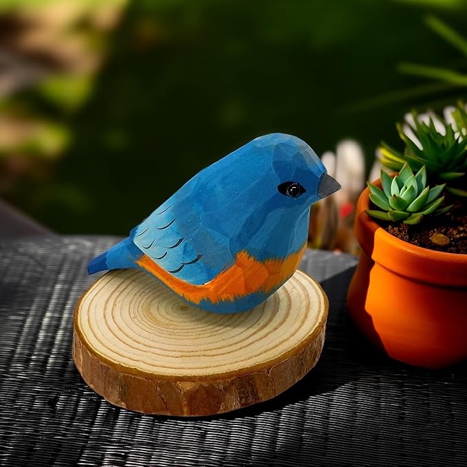 Wooden Bird Figurines Funny Desk Accessories Hand Carved Wood Decorative Small Birds Animal Miniature Statues Ornament for Home Room Decor (Blue)