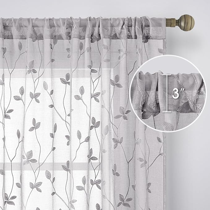 HOMEIDEAS Light Grey Sheer Curtains 52 X 96 Inches Length 2 Panels Embroidered Vine Floral Pattern Pocket Faux Linen Semi Sheer Voile Window Drapes for Bedroom Living Room