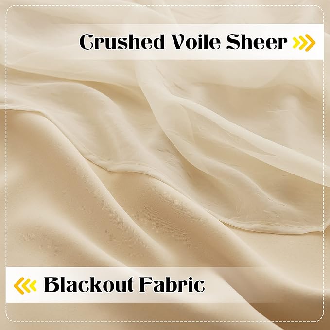 NICETOWN Bedroom Nursery Biscotti Beige Curtains Double-Layered Sheer & Blackout Panels with Free Tie-Backs, Home Decor Window Drapes for Kids (2 Panels, 52 inches Wide x 72 inches Long)