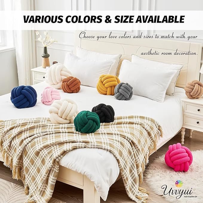 Uvvyui Knot Pillow Ball, Soft Home Decorative Pillows, Round Throw Pillow, Handmade Knotted Plush Pillow, Round Boucle Pillow Cushion (14 Inches Black)