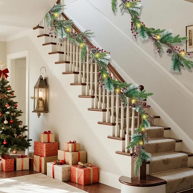 winemana 6 FT Pre-lit Artificial Christmas Garland with 20 LED Lights, Battery Powered with Pine Cones, Red Berries, Pine Needles, Lighted Christmas Garlands for Fireplace Mantle Holiday Decorations