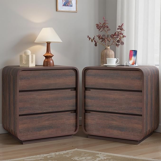 Modern Nightstand Set of 2, 23.2" Wide Wood Bedside Table with Charging Station, 3 Storage Drawers Side Table Curved Profile, Handleless, Large End Table Night Stand for Bedroom, Walnut 