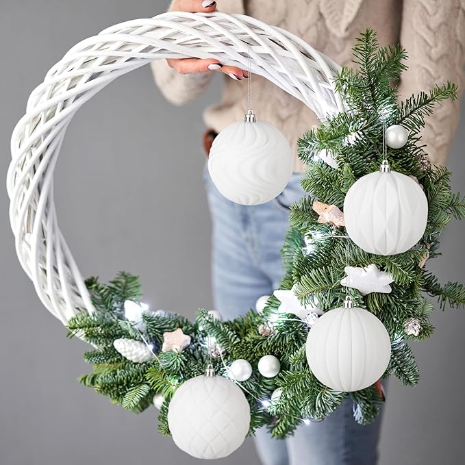 4 Pcs 4 Inch Large Velvet Christmas Ball Ornaments Vintage Christmas Plastic Ball Ornaments Flocked Tree Hanging Decoration for Xmas Party Wedding Home Decor(White)