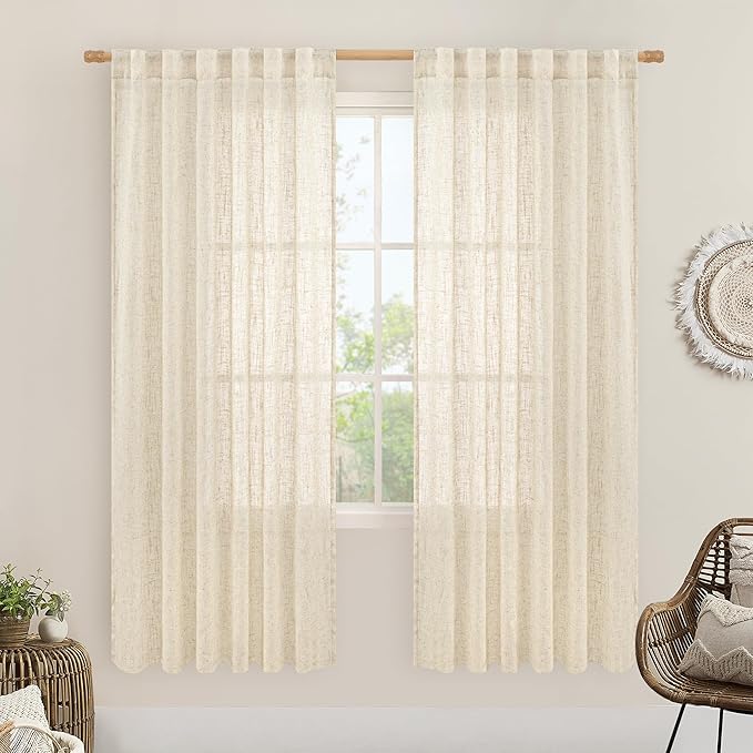 LAMIT Beige Linen Curtains for Living Room 2 Panels Set, 78 Inch Faux Linen Textured Light Filtering Drapes Back Tab and Rod Pocket Boho Panels for Farmhouse/Bedroom/Porch, 52 x 78 Inch