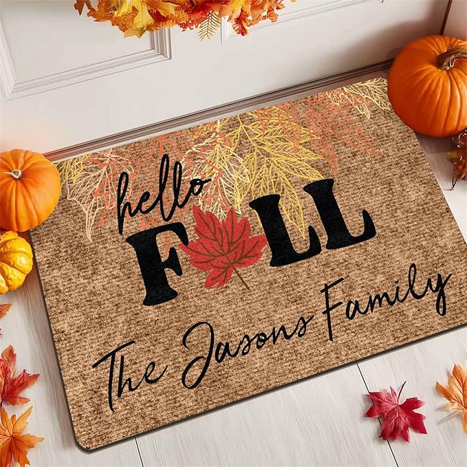 Fall Welcome Doormat, Personalized Door Mat Hello Fall Custom Home Decor Floor Mat, Non-Slip Rubber Rugs, Washable Carpet for Indoor Outdoor Front Door Porch Entryway