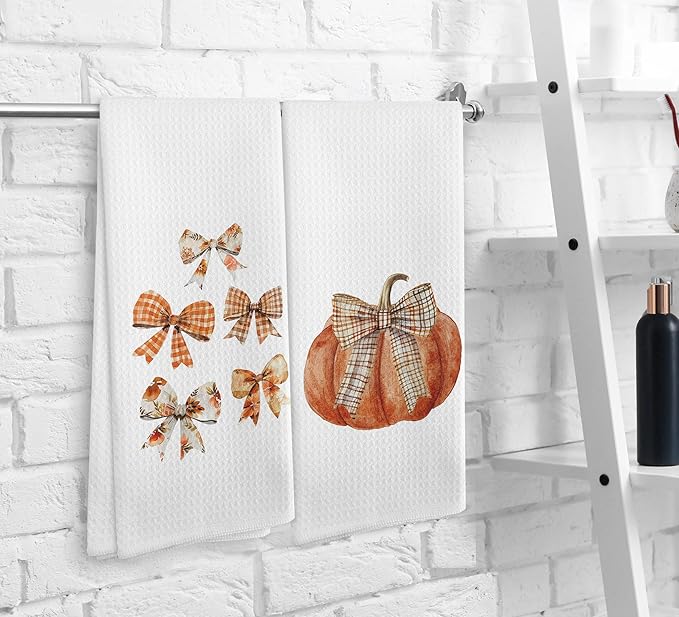 Fall Bow Kitchen Towels and Dishcloths Set of 2, Pumpkin Decor, Bathroom Hand Towels, Preppy Drying Cloth for Girls Dorm Kitchen, 1624Inch