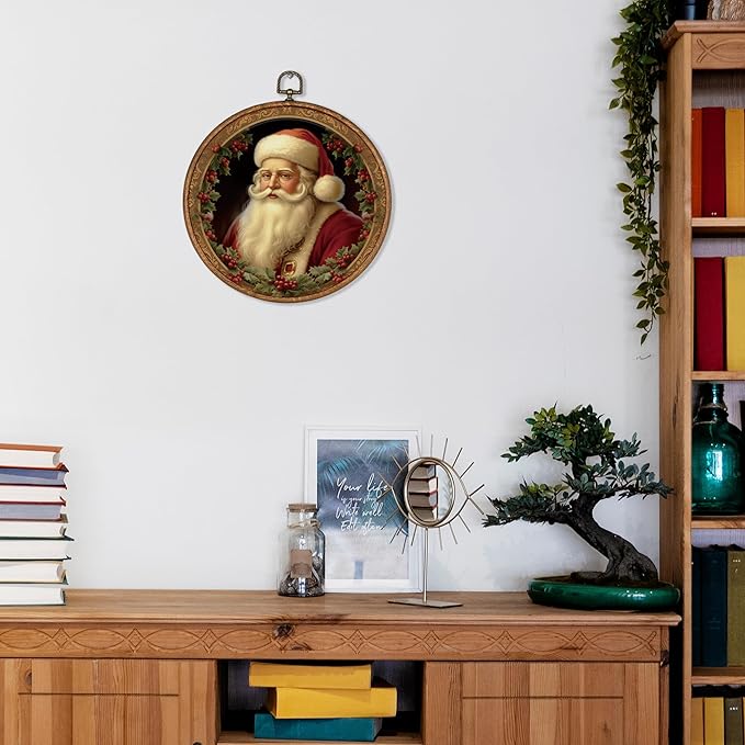 KSDUT Vintage Christmas Wall Decor Art - Retro Santa Claus Wall Art Canvas Frame Hanging Prints, Merry Christmas Xmas Holiday Round Wall Art Decor for Farmhouse Home Decorations 10"x10"