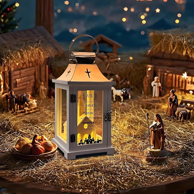 Christmas Village Houses for Table Centerpieces, Christmas Lantern for Modern Farmhouse Decor, Hanging Candle Lantern for Xmas Home Decor Indoor Outdoor, Ceramics Church Figurine