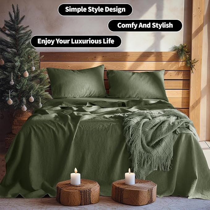 LBRO2M 100% Linen Sheet Set 16" Deep Pocket King Size,Bed Sheets 4 Piece Sets,Solid Color Natural Flax Bed Sheets Soft Breathable Bedding, All Season (King, Olive Green)