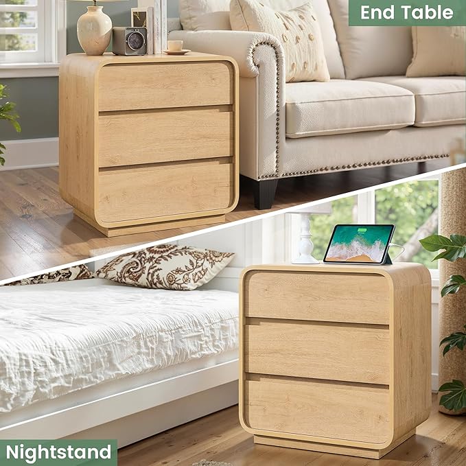 Modern Nightstand, 25" Tall Wood Bedside Table with Charging Station, 3 Drawers Dresser Side Table, Large End Table Night Stand for Bedroom, Office, Sofa, Curved Profile Design, Natural