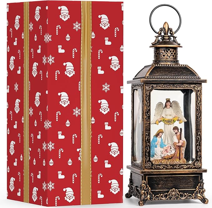 Christmas Snow Globe Swirling Glittering Angel & Nativity Scene with Music, USB Lined/Battery Operated Lighted Water Lantern for Christmas Festival Decoration Gifts