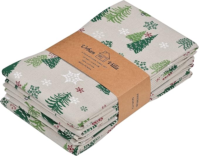 Urban Villa Kitchen Towels Christmas Green Trees Print Premium Quality,100% Cotton Dish Towels Mitered Corners Ultra Soft (Size: 20X30 Inch) Highly Absorbent Bar Towels & Tea Towels - (Set of 6)