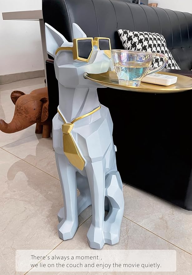 Beautiful and Elegant Decorative Pieces for Home, Dog Side Table with Tray and Storage,Dog 3D Sculpture Coffee Table Unique Home Decor(Gray)