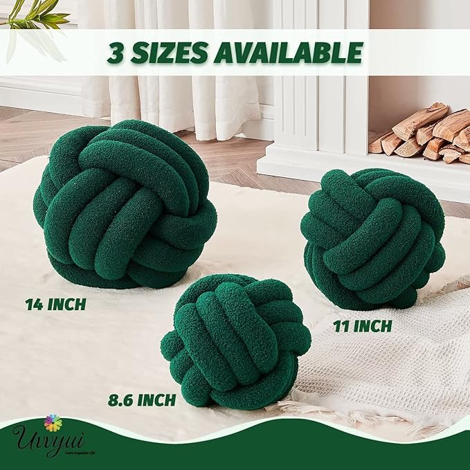 Uvvyui Knot Pillow Ball, Soft Home Decorative Pillows, Round Throw Pillow, Handmade Knotted Plush Pillow, Round Boucle Pillow Cushion (14 Inches Dark Green)