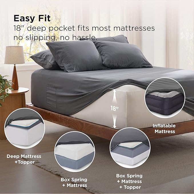 Bedsure Deep Pocket Queen Sheets - 6 Piece, Prewashed Ultra-Soft Queen Sheet Set, Fits Mattresses Up to 18 Inches Thick, Breathable & Secure Fit, Hotel Luxury Bedding, Grey