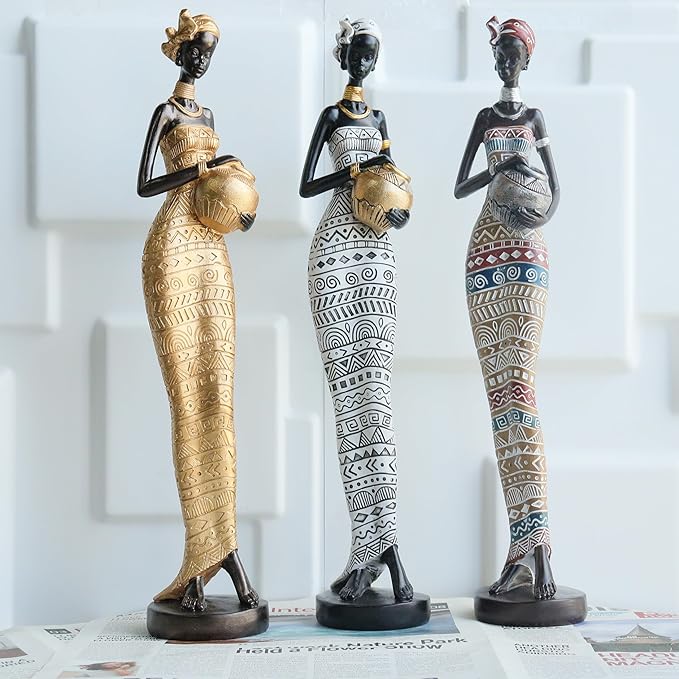 African Traditional Art Handmade Statues, Black and White Geometric Pattern Long Skirt Women's Ornaments and Decorations, Suitable for Home Study Display and Cultural Gift Collection