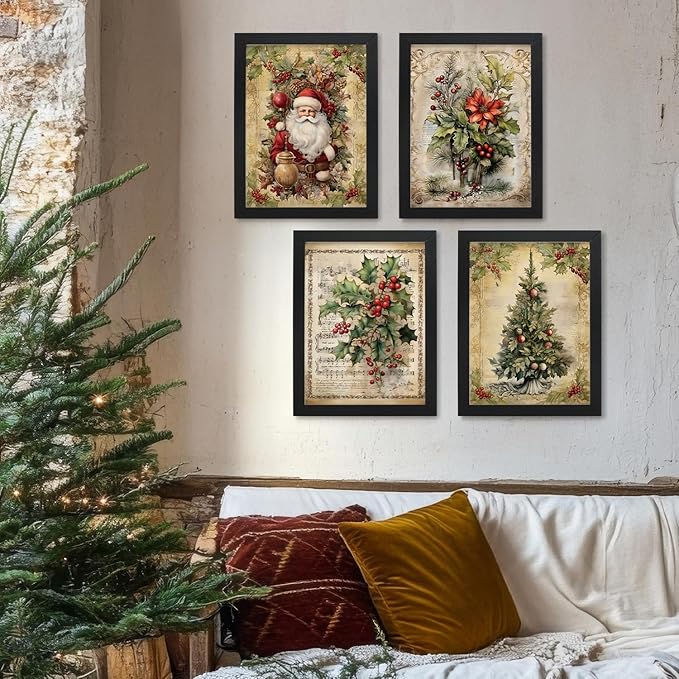 JXREQ Vintage Christmas Pictures Wall Decor Prints,Retro Christmas Wall Art Decorations for Home Kitchen Bathroom Bedroom Living Room,Santa Claus Xmas Tree Decor Prints Set of 4,12x16 Unframed