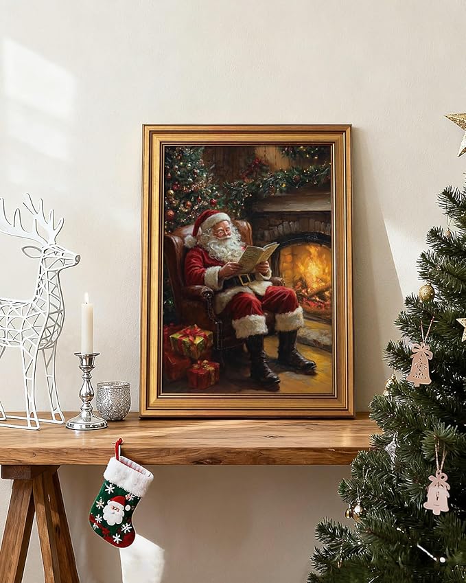 VIYYIEA Vintage Gold Framed Wall Art for Living Room, Christmas Canvas Prints Home Decor, Oil Painting Picture, Bedroom Wall Decor Gifts for Friends or Family -【Santa Claus Reading 】-(16L x 12W)