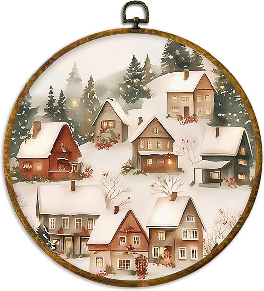 XPH Vintage Christmas Winter Village Round Wall Art Framed, Rustic Winter Snowy Circle Wall Decor, Cozy Christmas Landscape Hanging Canvas Prints for Home Bedroom Living Room Decoration, 10x10 Inch