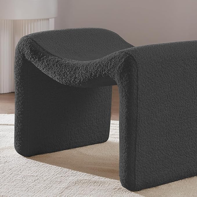 Modern Boucle Ottoman, Vanity Stool Chair, Foot Stool with Wooden Legs Sofa Bench Footstool Extra Seat for Vanity, Makeup Room, Living Room, Entryway, Set 2, Grey