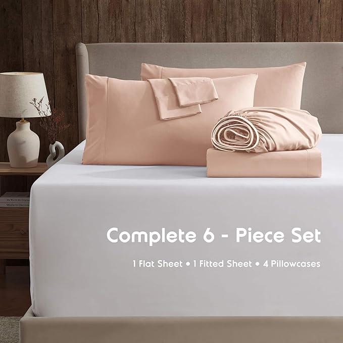Nestl Extra Deep Queen Sheet Set - 6 Piece Breathable & Cooling Sheets - Hotel Luxury Bedding Set w/18-24 Inch Deep Pockets - Easy & Secure Fit - Super Soft, Wrinkle Free & Comfy - Peach Beige