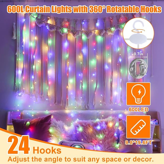 600LED Multicolor Curtain Lights for Bedroom, 19.6ft x 9.8ft Fairy Curtain String Light with 24 Hooks, 8 Modes Hanging Lights for Wedding, Party, Backdrop, Window, Xmas Decor