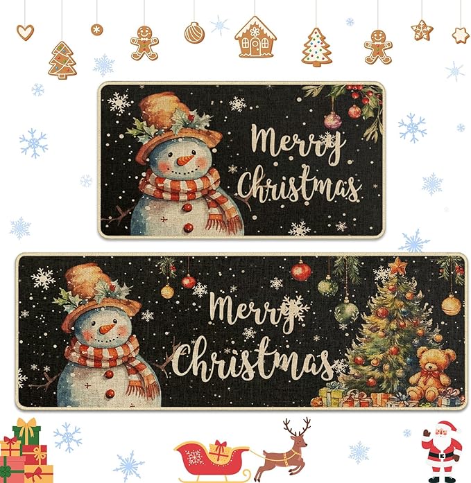 Christmas Snowflake Snowman Kitchen Rugs and Mats Non Skid Washable Set of 2, Xmas Kitchen Mats for Floor Decor